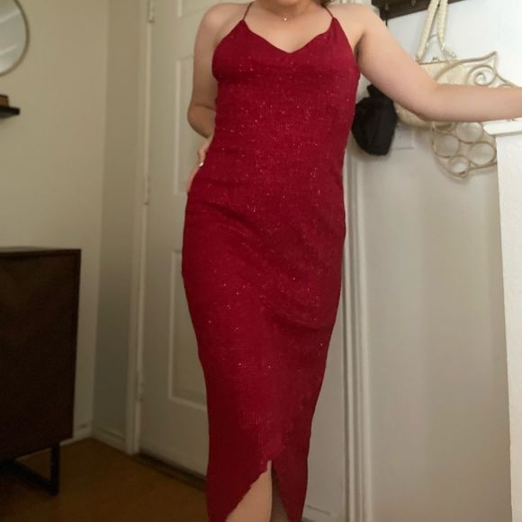 Vintage 90s Asymmetric Glitter Sparkle Halter Dress with open back (reposh) - Picture 4 of 4
